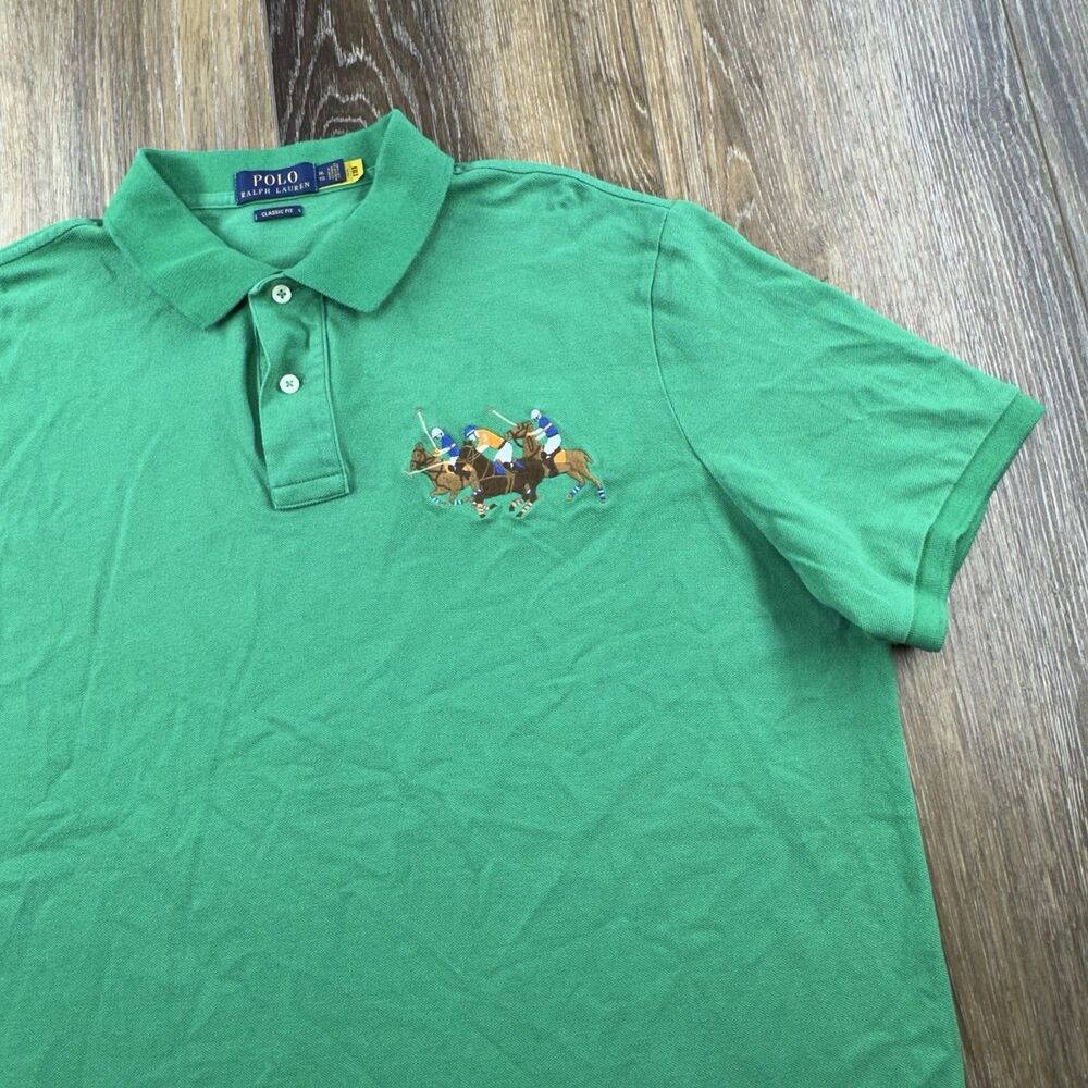 Polo Ralph Lauren Shirt Mens XL Green Triple Pony Horse #3 Big Logo Classic Fit